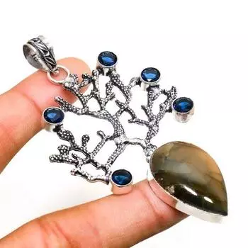 Ювелирный кулон с лабрадоритом и голубым топазом 925 пробы, посеребренный, 3,21 дюйма 3.21 чёрный