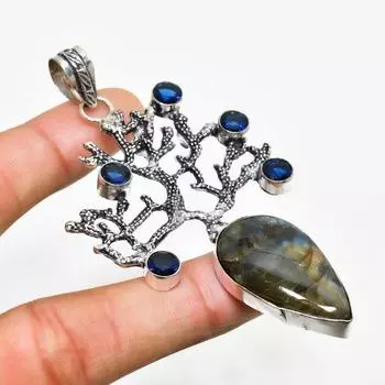 Ювелирный кулон с лабрадоритом и голубым топазом 925 пробы, посеребренный, 3,21 дюйма 3.21 чёрный