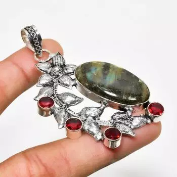 Ювелирный кулон с лабрадоритом и гранатом 925 пробы, посеребренный, 2,65 дюйма 2.65 чёрный