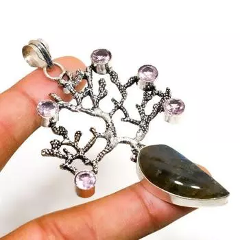 Ювелирный кулон с лабрадоритом и розовым кунцитом 925 пробы, посеребренный, 3,03 дюйма 3.03 чёрный