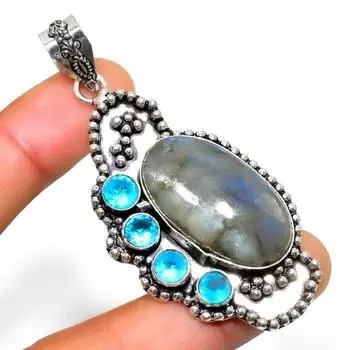 Ювелирный кулон с лабрадоритом и синим топазом 925 пробы, посеребренный, 2,46 дюйма 2.46 чёрный