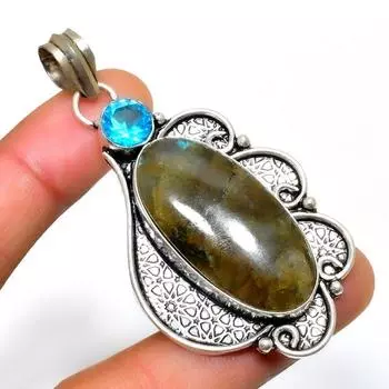 Ювелирный кулон с лабрадоритом и синим топазом 925 пробы, посеребренный, 2,46 дюйма 2.46 чёрный