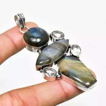 Ювелирный кулон с лабрадором и белым топазом 925 пробы, посеребренный, 2,65 дюйма 2.65 чёрный