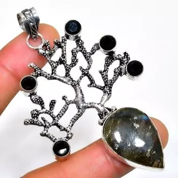 Ювелирный кулон с лабрадором и черной шпинелью 925 пробы с серебряным покрытием 2,84 дюйма 2.84 чёрный