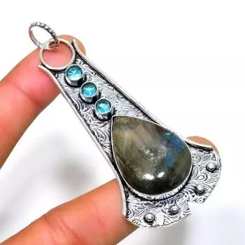 Ювелирный кулон с лабрадором и синим топазом 925 пробы, посеребренный, 2,84 дюйма 2.84 чёрный