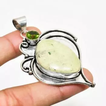 Ювелирный кулон с лимонным хризопразом и драгоценным камнем перидот 925 пробы, посеребренный, 2,46 дюйма 2.46 зелёный