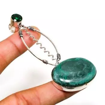 Ювелирный кулон с малахитом и диопсидом 925 пробы, посеребренный, 2,84 дюйма 2.84 зелёный