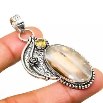 Ювелирный кулон с полосчатым агатом и цитрином 925 пробы, посеребренный, 2,08 дюйма 2.08 чёрный