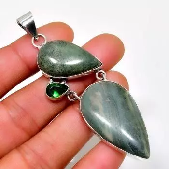 Ювелирный кулон с полосками из зеленого опала, диопсида, посеребренный 925 пробы, 2,84 дюйма 2.84 зелёный