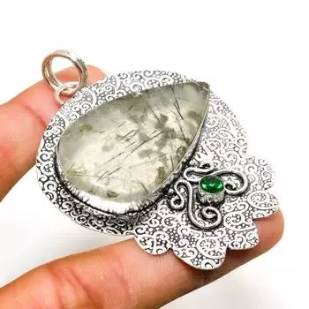 Ювелирный кулон с пренитом и диопсидом 925 пробы, посеребренный, 26,5 дюйма 26.5 зелёный