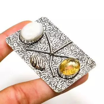 Ювелирный кулон с радужным лунным камнем и цитрином 925 пробы, посеребренный, 2,08 дюйма 2.08 белый