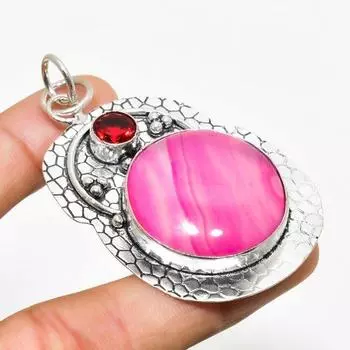 Ювелирный кулон с розовым кружевным агатом и гранатом 925 пробы, посеребренный, 2,46 дюйма 2.46 розовый