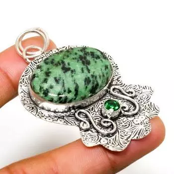 Ювелирный кулон с рубином зосайтом и диопсидом 925 пробы, посеребренный, 2,27 дюйма 2.27 зелёный