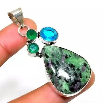 Ювелирный кулон с рубином зозитом и голубым топазом 925 пробы, посеребренный, 2,27 дюйма 2.27 зелёный
