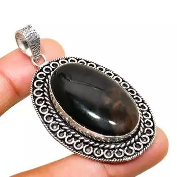 Ювелирный кулон с серебряным блеском и обсидианом 925 пробы, посеребренный, 2,27 дюйма 2.27 серебряный