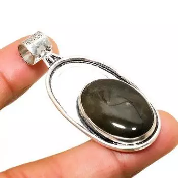 Ювелирный кулон с серебряным блеском обсидиана 925 пробы, посеребренный, 2,00 дюйма 2.00 серебряный
