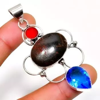 Ювелирный кулон с шовным агатом, голубым топазом 925 пробы, посеребренный, 2,46 дюйма 2.46 красный