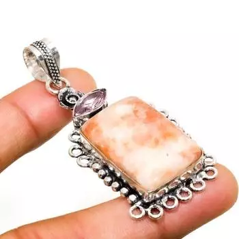 Ювелирный кулон с солнечным камнем, розовым кунцитом 925 пробы, посеребренный, 2,46 дюйма 2.46 красный