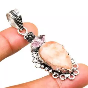 Ювелирный кулон с солнечным камнем, розовым кунцитом 925 пробы, посеребренный, 2,08 дюйма 2.08 красный