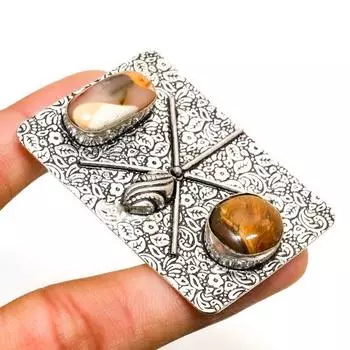 Ювелирный кулон Тигровый глаз с драгоценным камнем Мукаит 925 пробы, посеребренный, 2,08 дюйма 2.08 жёлтый