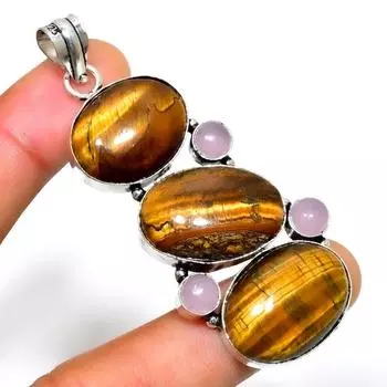 Ювелирный кулон Тигровый глаз с розовым халцедоном и серебром 925 пробы 2,65 дюйма 2.65 жёлтый