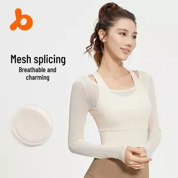 Juyitang Двухсекционный сетчатый топ для йоги с длинными рукавами из персикового цвета - спортивный костюм для фитнеса на весну/осень XXL