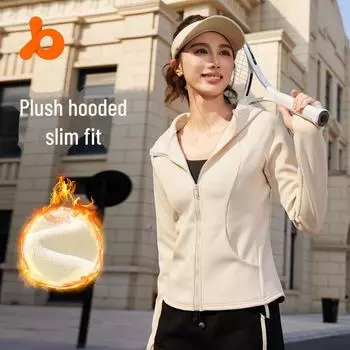 Juyitang осень/зима бархатный толстый приталенный кардиган на молнии: Ветрозащитная спортивная куртка с капюшоном для занятий йогой на открытом воздухе. M