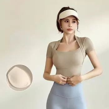 Juyitang Высокоэластичный телесный топ для йоги с короткими рукавами для похудения - бюстгальтер не нужен