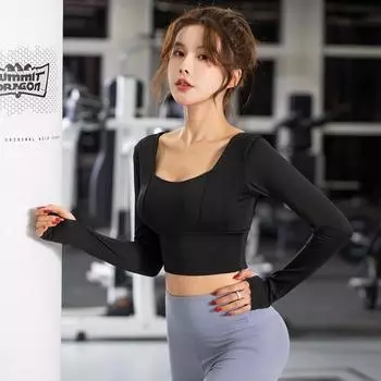 Juyitang Women s Quick-Dry Long Sleeve Yoga Top with Chest Pad M