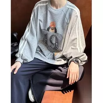 Juzhi 2024 Осень Корейский Мультяшный Письмо Печать Свободное Пальто One Size тёмно-синий