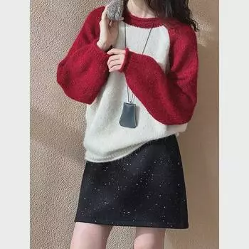 Juzhi 2024 Осень/Зима Корейский Стиль Рукав Реглан Цвет Блок Свитер One Size