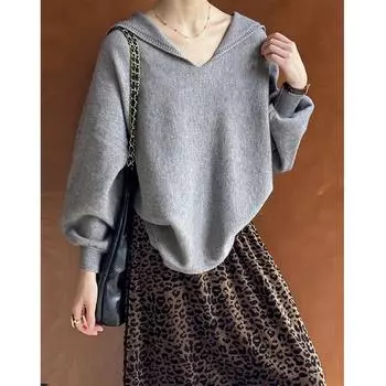 Juzhi 2024 Осенний свитер с V-образным вырезом: Уютный, свободный крой, мягкий однотонный дизайн One Size