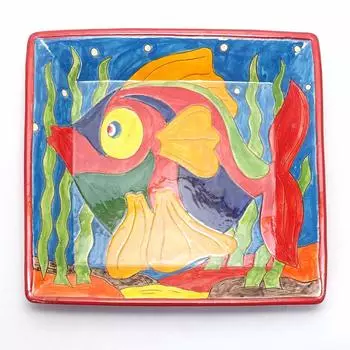 Южная Италия Лечче Рыбный узор Квадратная тарелка Тарелка с изображением рыбы 28x28 см Аквамарин Квадратная тарелка Столовая посуда Неглазурованная терракотовая керамика art-6028 синий