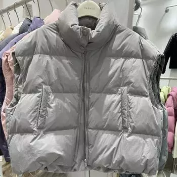 Южная Корея 2024 зима новая мода свободный однотонный короткий воротник-стойка утолщенный пуховик жилет куртка женская одежда one size fits all чёрный