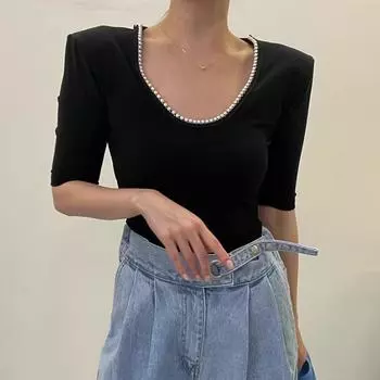 Южная Корея Шикарная однотонная одежда Женская бисерная отделка Slim Fit Утягивающая эластичная универсальная женская футболка с короткими рукавами Топ весна-лето