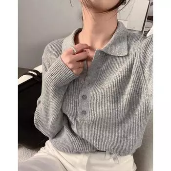 Южная Корея шикарная осень простая элегантная поло воротник полосатый универсальный утягивающий однотонный длинный рукав мягкий клеевой трикотаж S абрикосовый