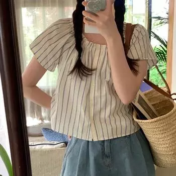 Южная Корея Шикарное летнее французское однобортное однобортное плиссированное платье с элегантным квадратным воротником, свободное универсальное платье с коротким рукавом