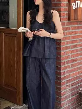 Южная Корея шикарные летние ретро темпераментные джинсовые брюки на бретельках с v-образным вырезом + повседневные брюки с высокой талией и широкими штанинами, комплект брюк для женщин S