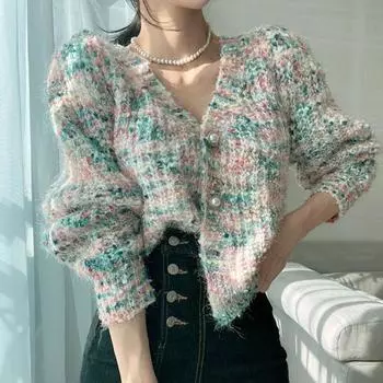 Южная Корея шикарный осенне-зимний сладкий V-образный вырез шикарный жемчужные пуговицы длинный рукав конфетный смешанный цвет вязаный свитер для женщин S синий