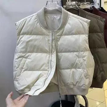 Южная Корея Тондэмун 2024 осень и зима новый однотонный воротник-стойка утолщенная молния пуховик хлопковый жилет куртка женская M чёрный