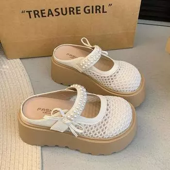 JX thick bottom inner height increase 8CM small cool slippers women summer wear new mesh bag head half drag 35