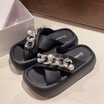 JX thick-bottomed cool slippers outer wear 2025 summer new French chain pearl with diamond casual one-word beach slippers 35