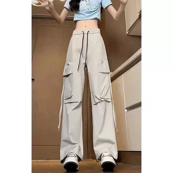 JYASCE женские повседневные брюки-десантники, свободные повседневные брюки в стиле Сибуя, простые и удобные домашние брюки M чёрный