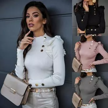 [JZL] Женская узкая рубашка с длинными рукавами и рюшами на пуговицах, верхняя блузка L чёрный