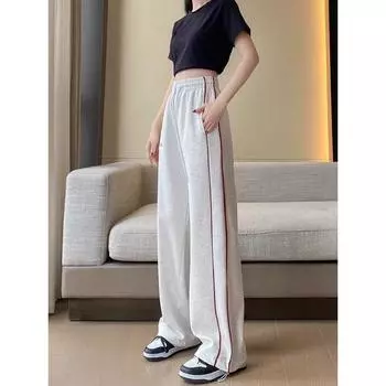 K2024 полосатые спортивные брюки женские весна-осень тонкие с высокой талией драпированные повседневные свободные прямые завязывающиеся широкие спортивные брюки S