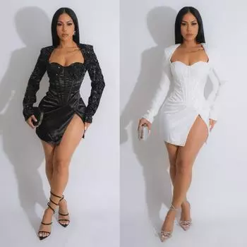 K2851 европейско-американское облегающее платье с пайетками, квадратным вырезом и разрезом чёрный