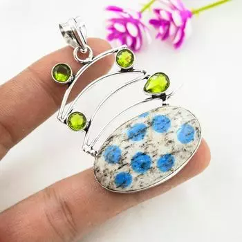K2 Azurite, Peridot Pendant Gemstone Jewelry, 925 Solid Sterling Silver Pendant, Handmade Jewelry Birthstone Pendant, Gift For Him 2.48 Inches зелёный