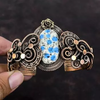 K2 Браслет из яшмы Медная проволока Браслет-манжета Браслет-манжета Драгоценный камень Медные украшения Регулируемые манжеты Браслет ручной работы в стиле бохо Подарок для него Цветочный браслет