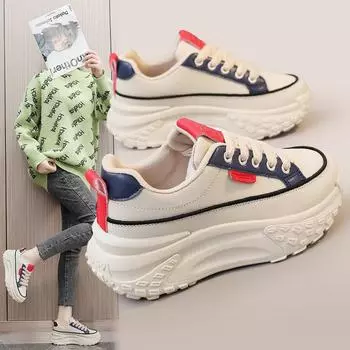 K6710 2024 Женские Туфли для Папы: Красочные, на толстой подошве, увеличивающие рост кожаные кроссовки — модный корейский стиль для студентов. 35 синий