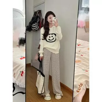 K76 Texture Retro Small Man Подвеска Drop Полосатые Широкие Брюки Женские Осень 2024 Свободные Прямые Брюки Для Уборки Пола S